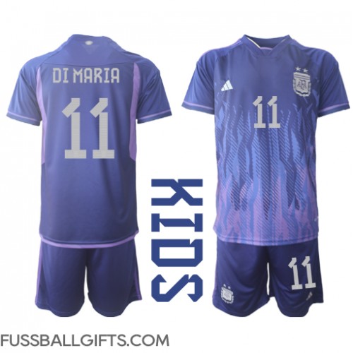 Argentinien Angel Di Maria #11 Fußballbekleidung Auswärtstrikot Kinder WM 2022 Kurzarm (+ kurze hosen)